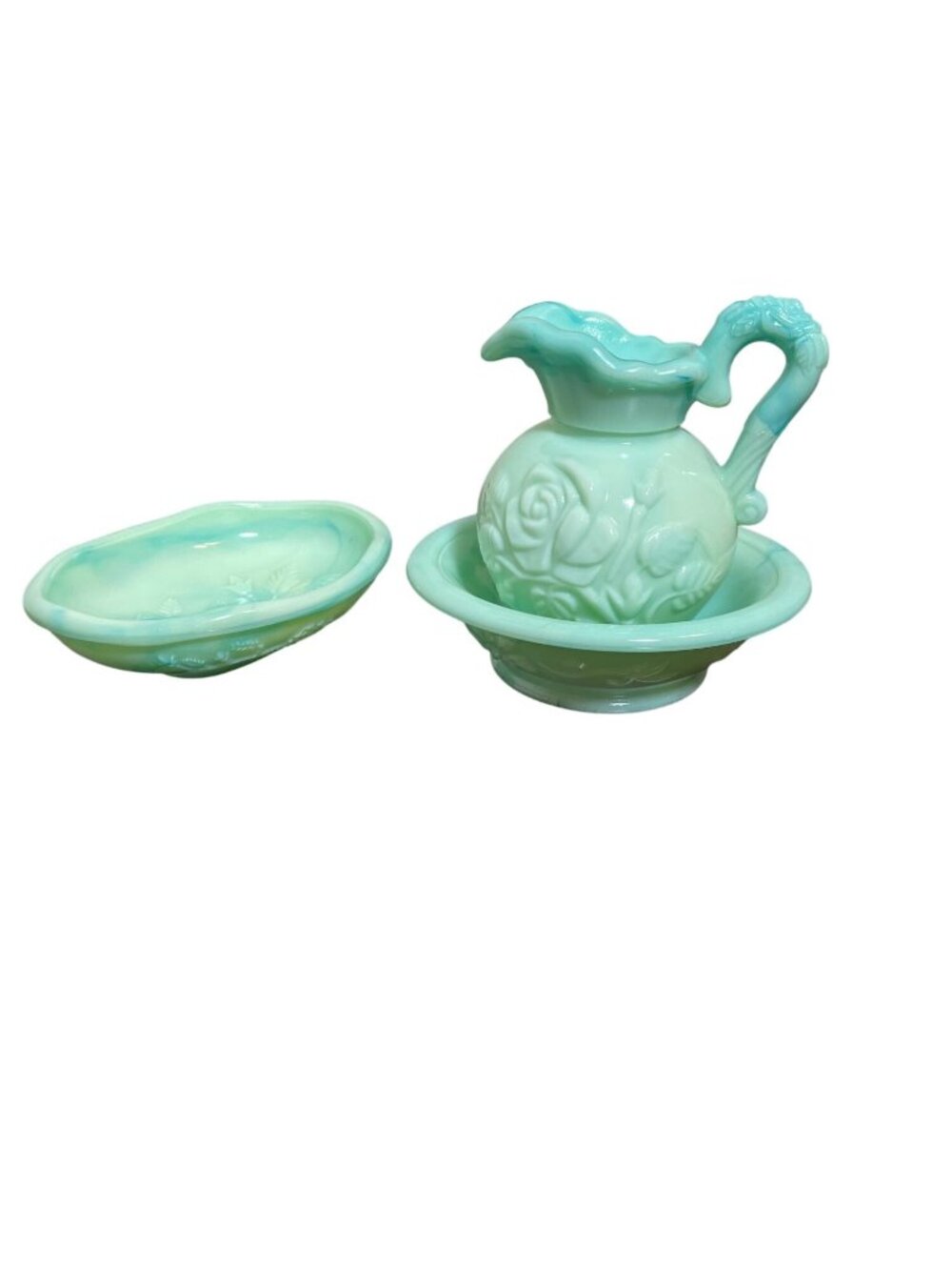 Avon Vintage Green Milk Glass Miniature Wash Basin & Pitcher Set With Matching S